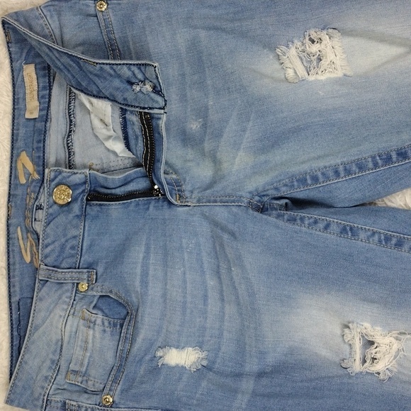 Seven7 Slim Straight Blue Light Wash Five Pocket Distressed Raw Hem Skinny Jean - Picture 6 of 16